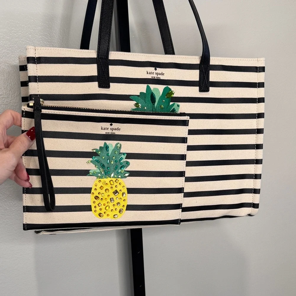 Kate Spade New York By The Pool Pineapple Embellished Canvas Tote and Wristlet